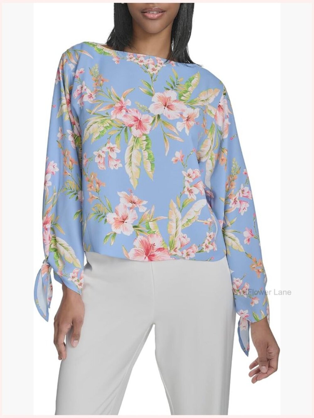 Long Tie Sleeve Floral Button Down Blouse Boat Neck